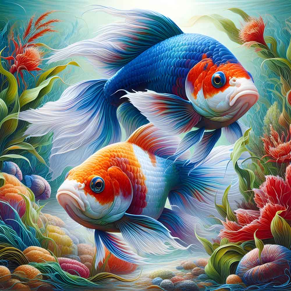 Two colorful fish swim among vibrant coral and aquatic plants. Their long fins and patterned scales in blue, orange, and white stand out against a lively underwater backdrop.