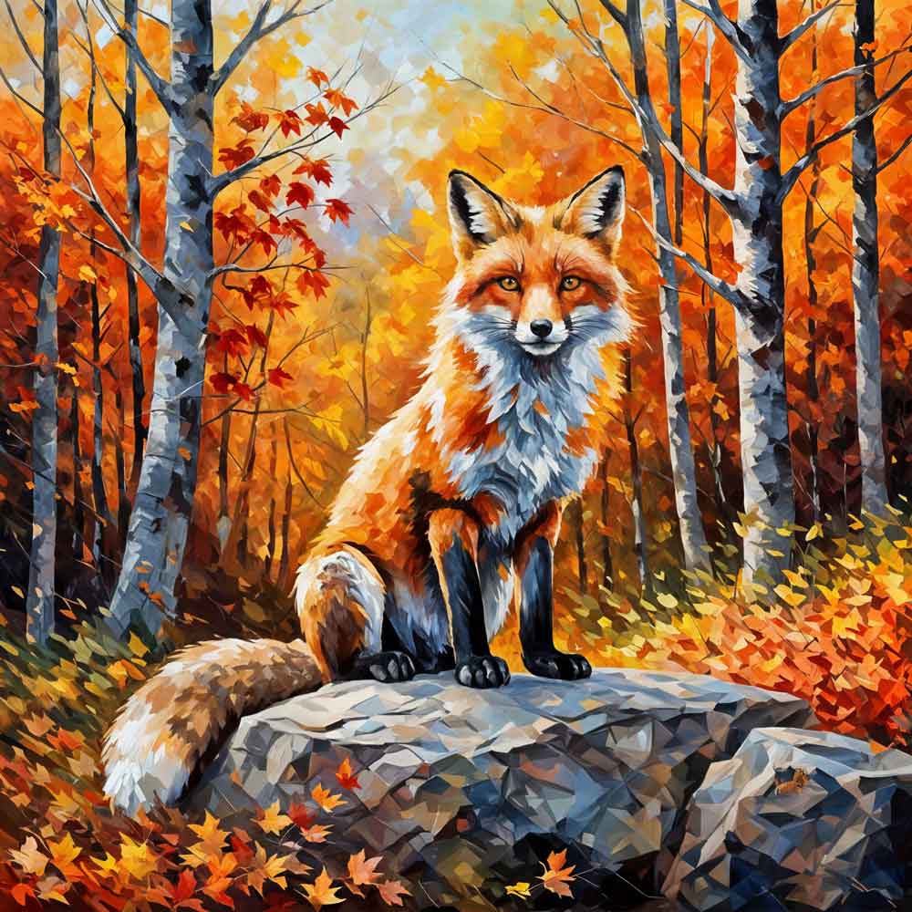 Fox sitting on a rock amid autumn forest with birch trees and colorful foliage.